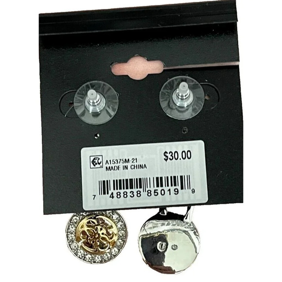 Guess Silver-Tone Chunky Chain Gold Pave Quatro G Logo Linear Drop Post Earring - Picture 5 of 5